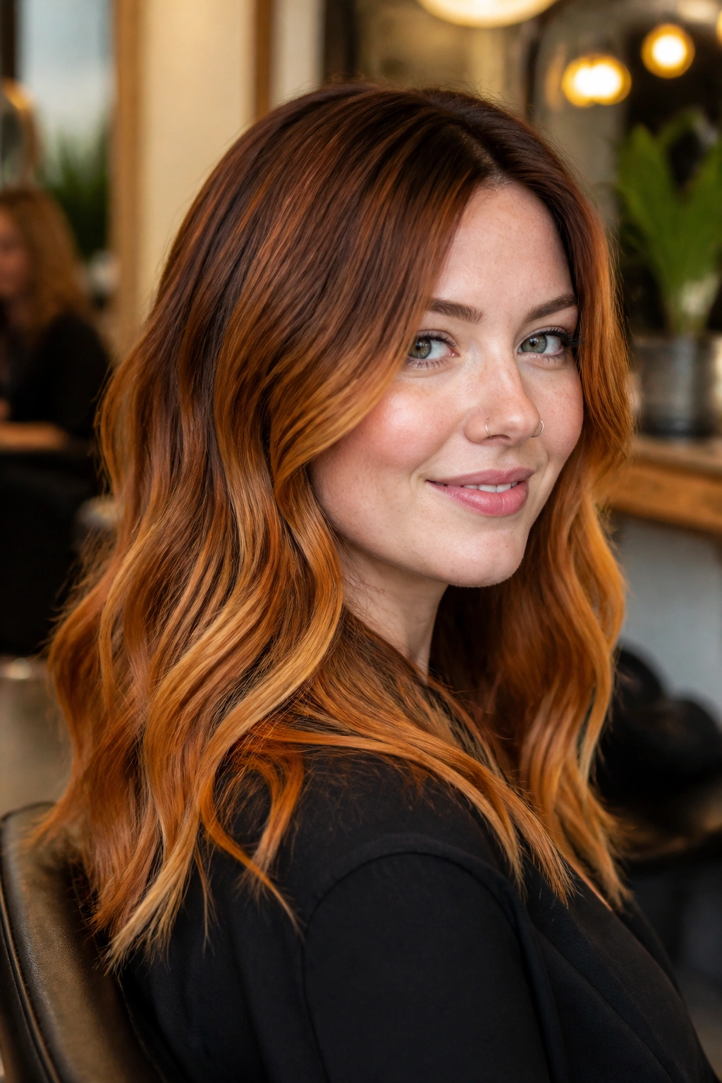 Close-up of a real woman with ginger balayage and soft root shadow flattering round faces