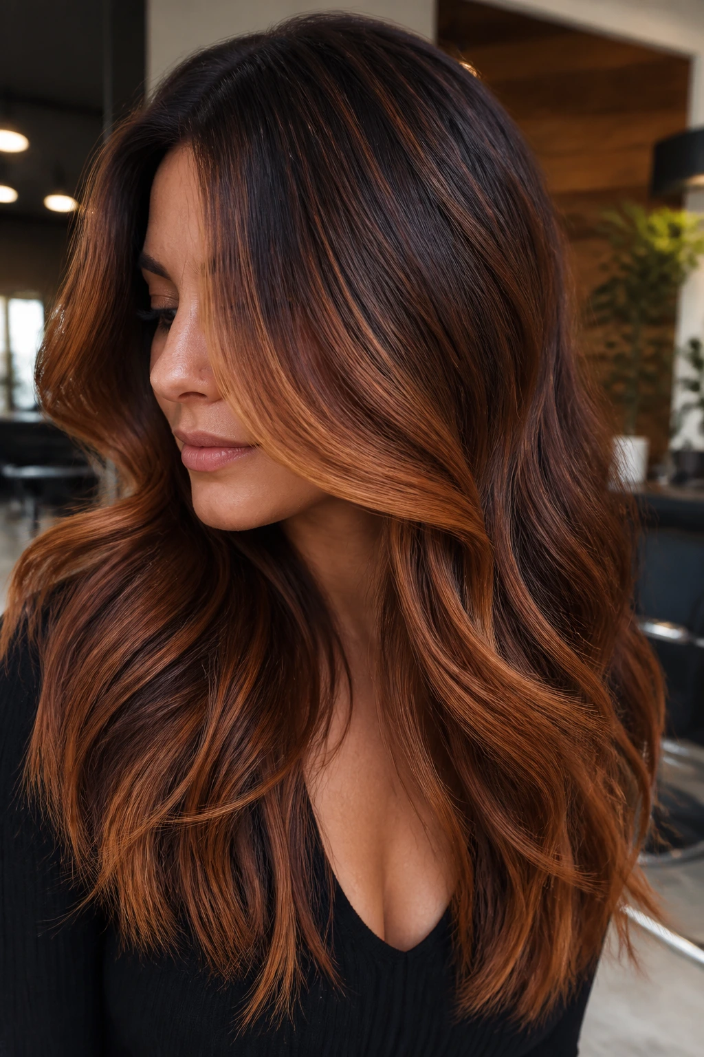 Close-up of a real person with thick hair showing bold ginger balayage ribbons on mid-lengths and ends
