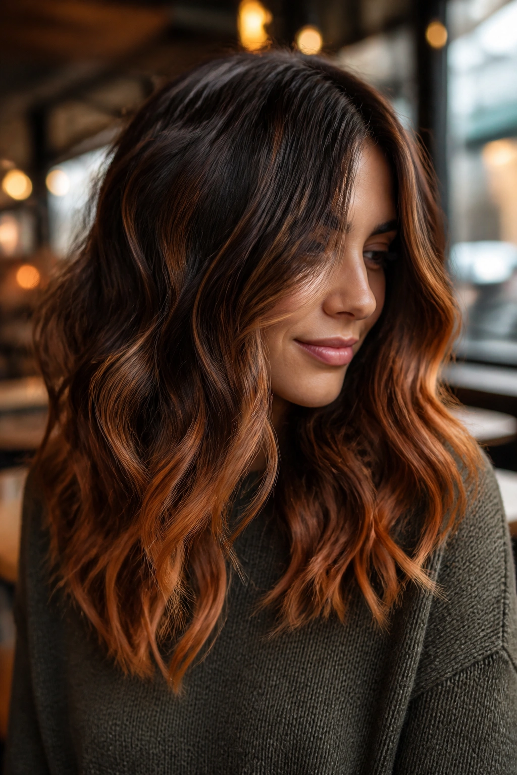 Wavy brown hair with ginger-tipped balayage close-up