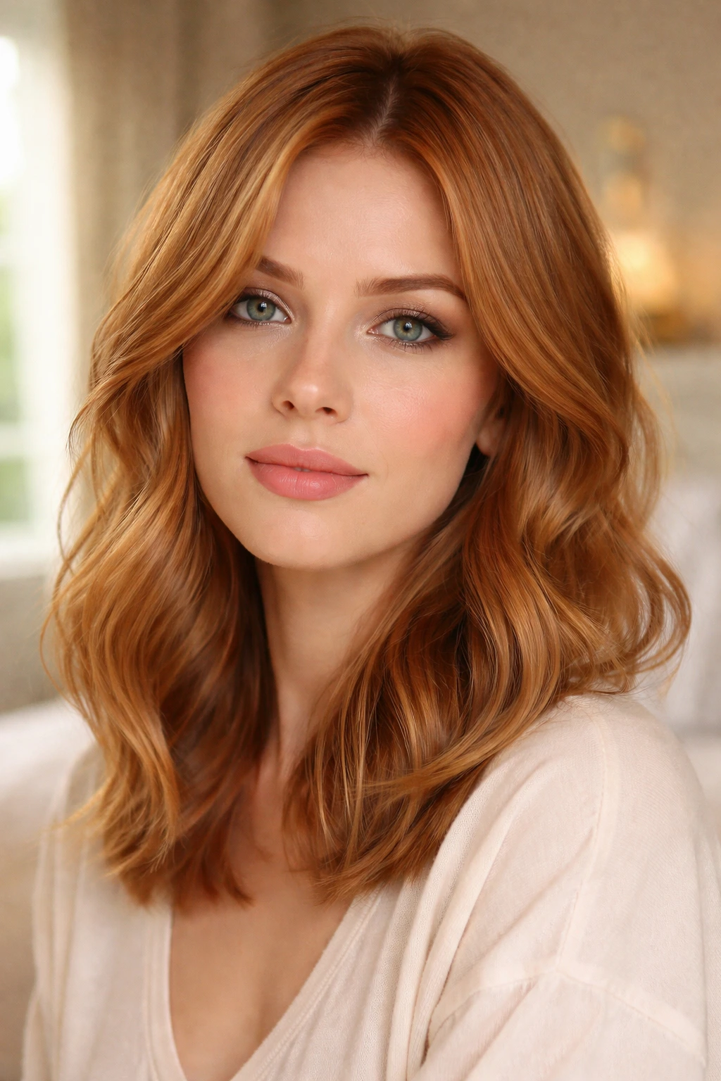 Close-up portrait of a real woman with Ginger Blonde hair in soft waves under warm window light