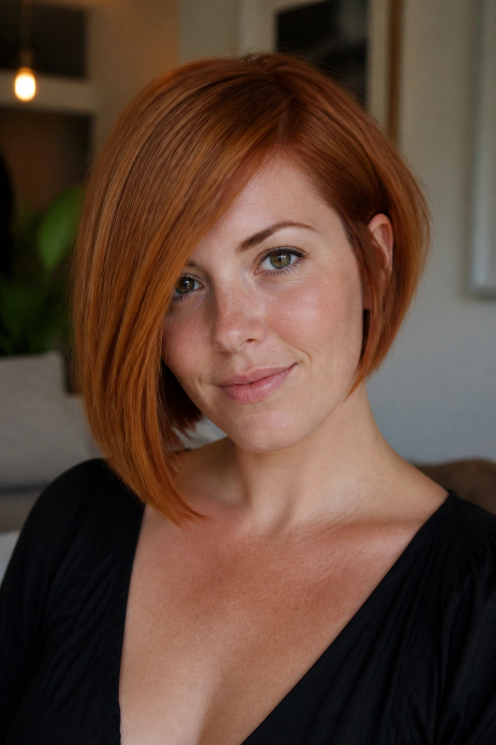 Portrait of a real woman with an asymmetrical ginger bob showing angled lines.