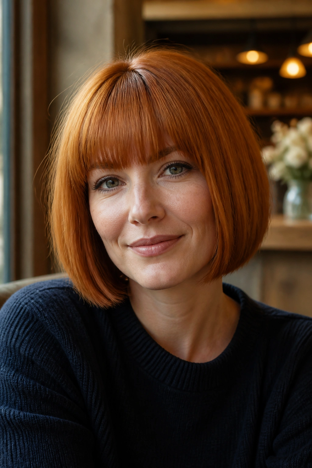 Close-up portrait of a real woman with ginger bob and full bangs in cafe lighting
