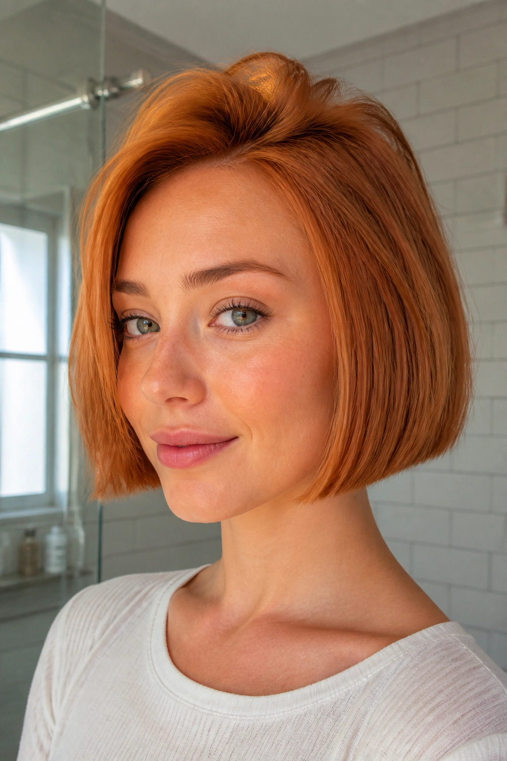 Close-up of a real woman with a blunt ginger bob and airy root lift in a bright bathroom