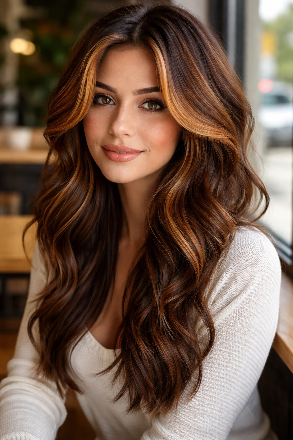 Close-up of a real woman with ginger-brown chunky highlights and loose waves