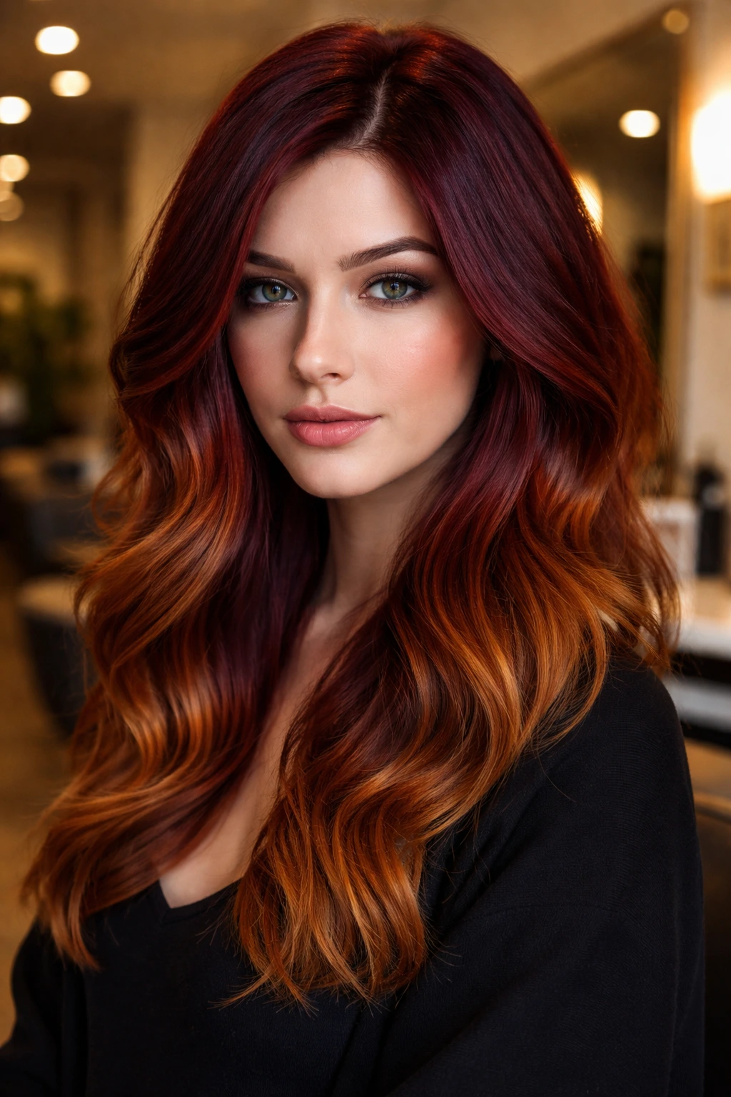 Close-up portrait of burgundy-ginger hair blend framing the face