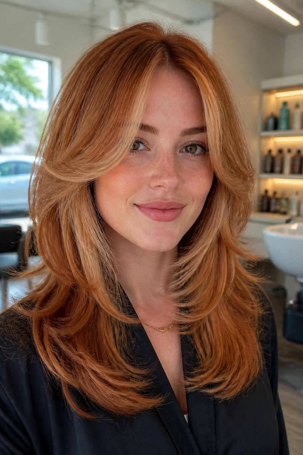 Close-up portrait of a real woman with a ginger butterfly cut and light face framing.