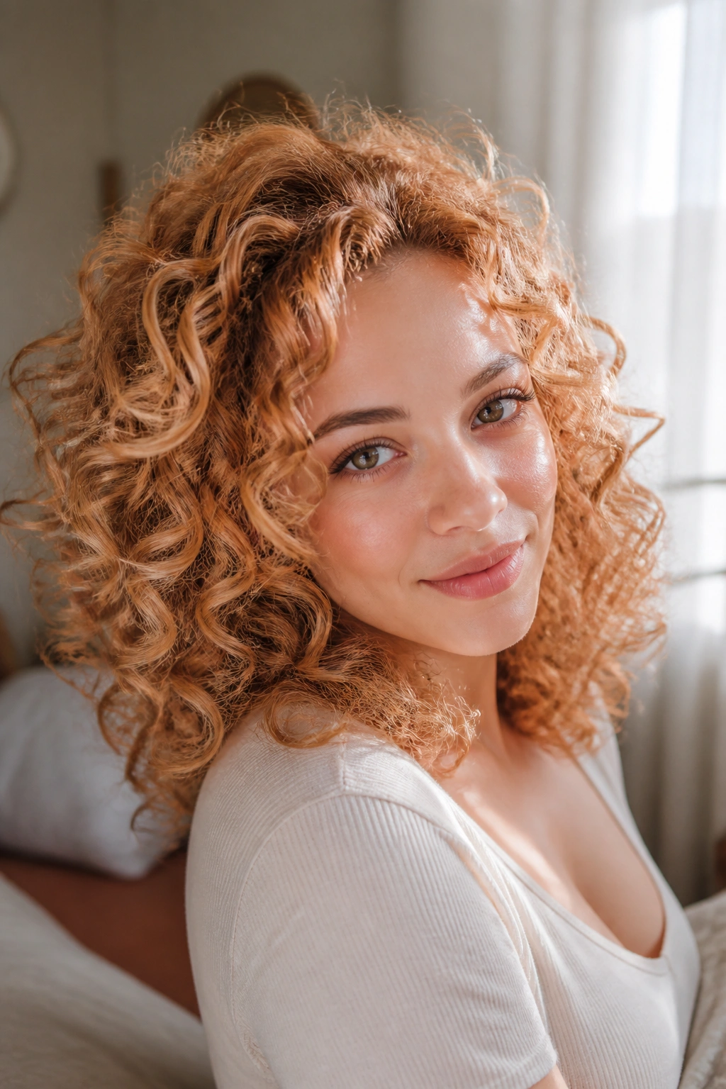 Close-up of a real woman with curly hair showing champagne highlights catching warm window light