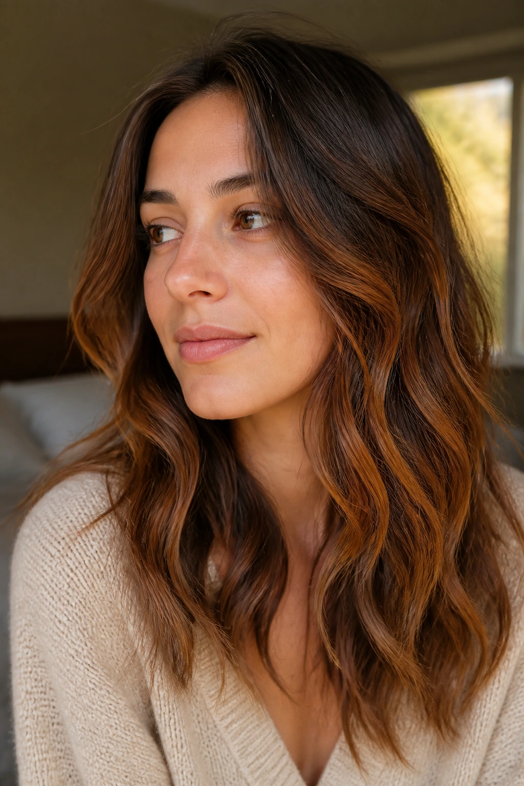 Real person with subtle ginger copper balayage on soft brown wavy hair