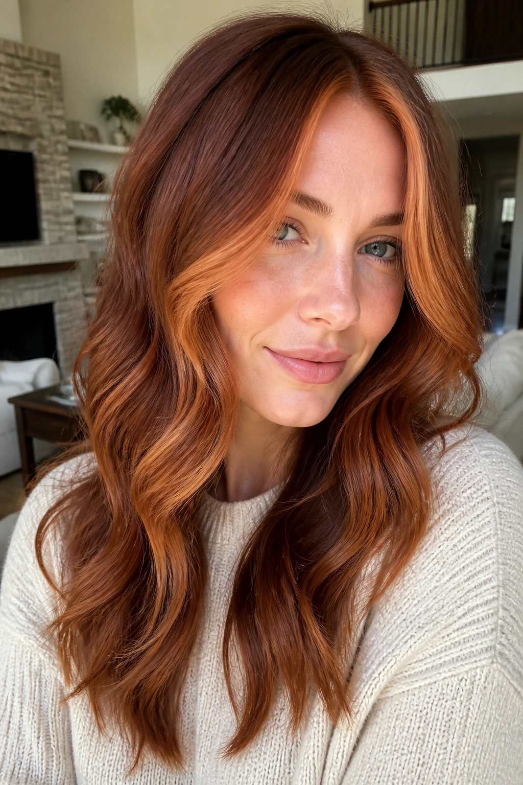Close-up of a real person with face-framing ginger copper highlights.