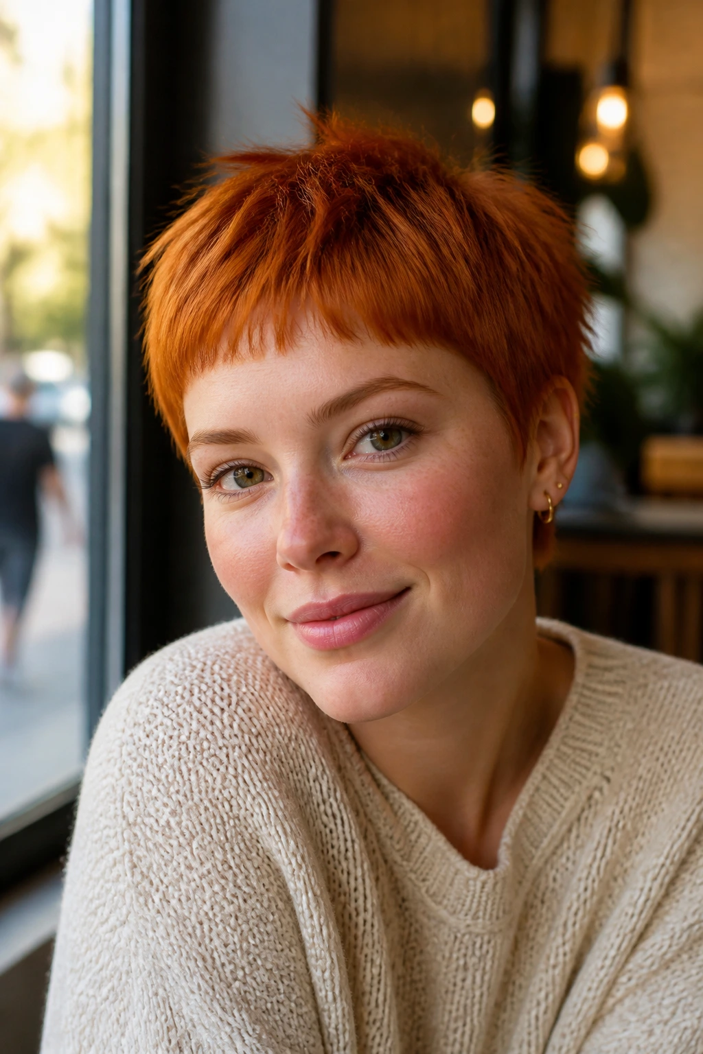 Portrait of real woman with ginger crop and baby bangs
