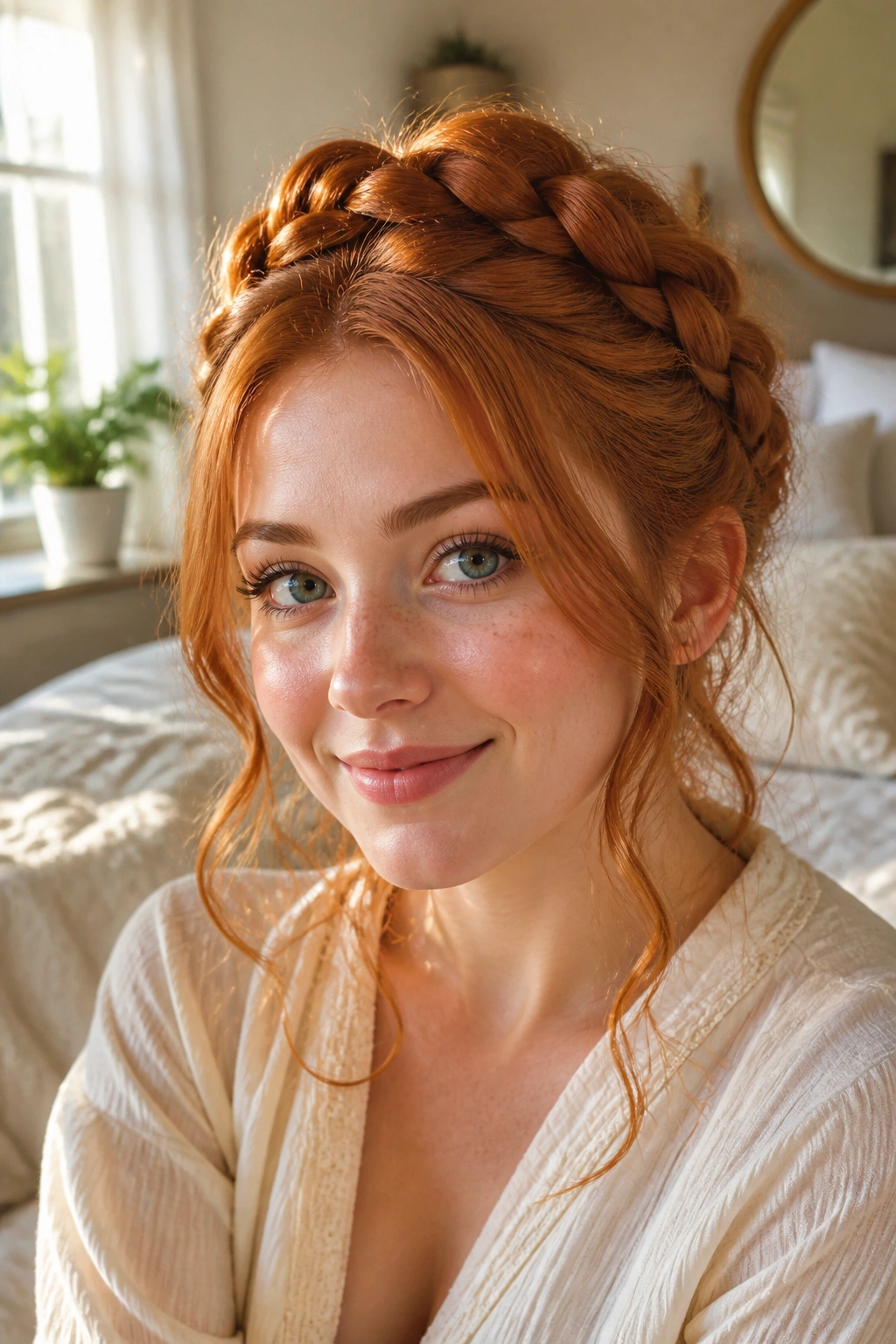 Close-up portrait of a real person with a ginger crown braid and soft tendrils.