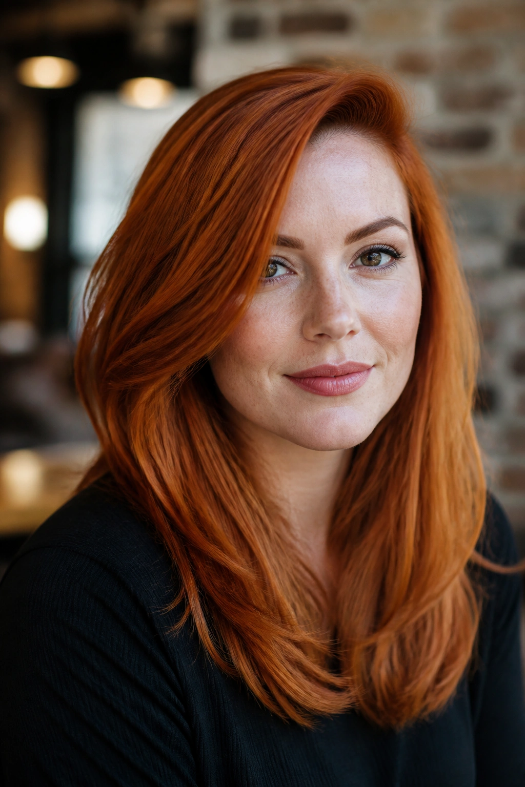Ginger hair with a deep side part on a real woman in a warm interior.