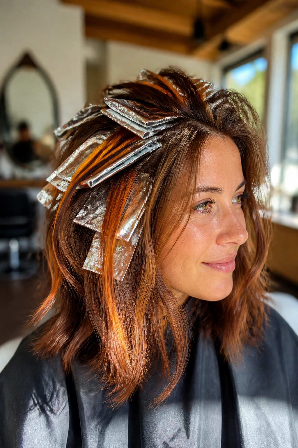 Close-up of a woman with ginger foil highlights on brown hair around the crown