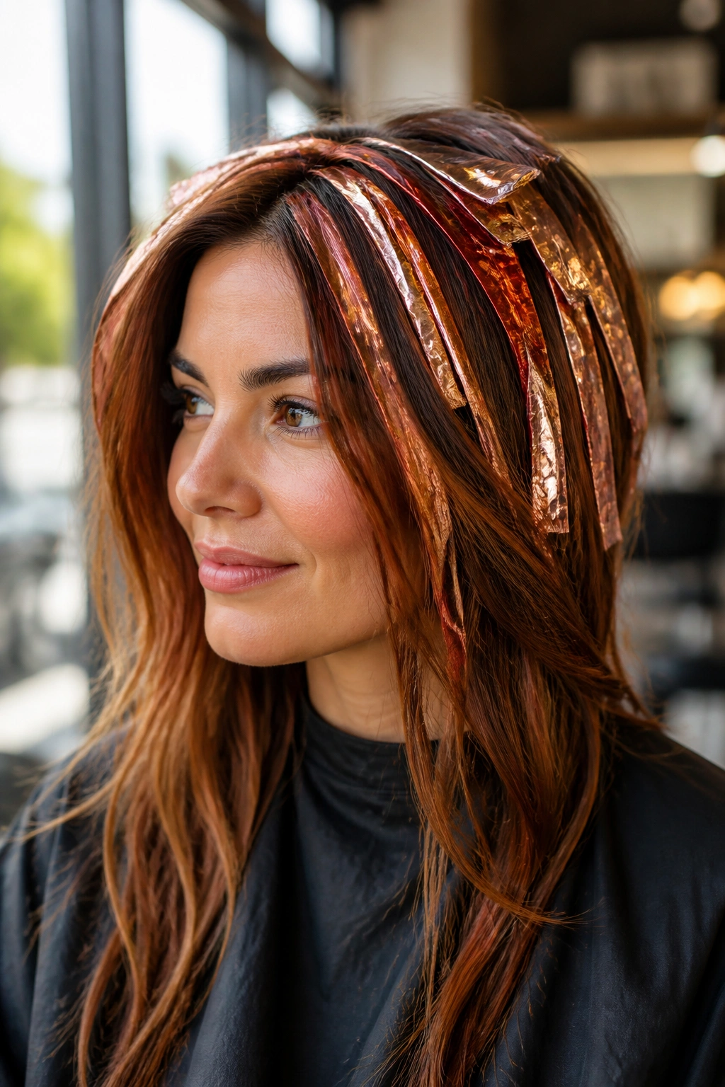 Close-up portrait of a real woman with ginger spice foils in medium brunette hair, copper strands framing the face.