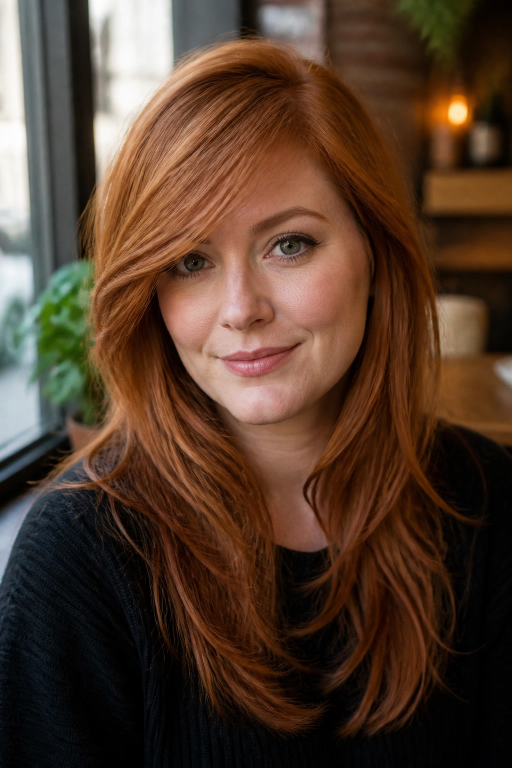 Close-up of a real woman with a side-swept fringe and long layers in ginger hair