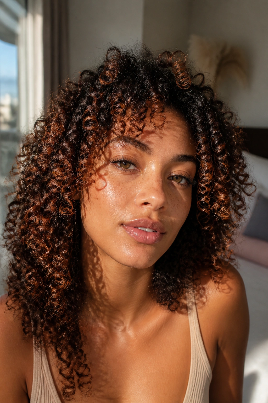 Close-up portrait of a woman with dark curls wearing a subtle ginger glaze for warmth and texture.