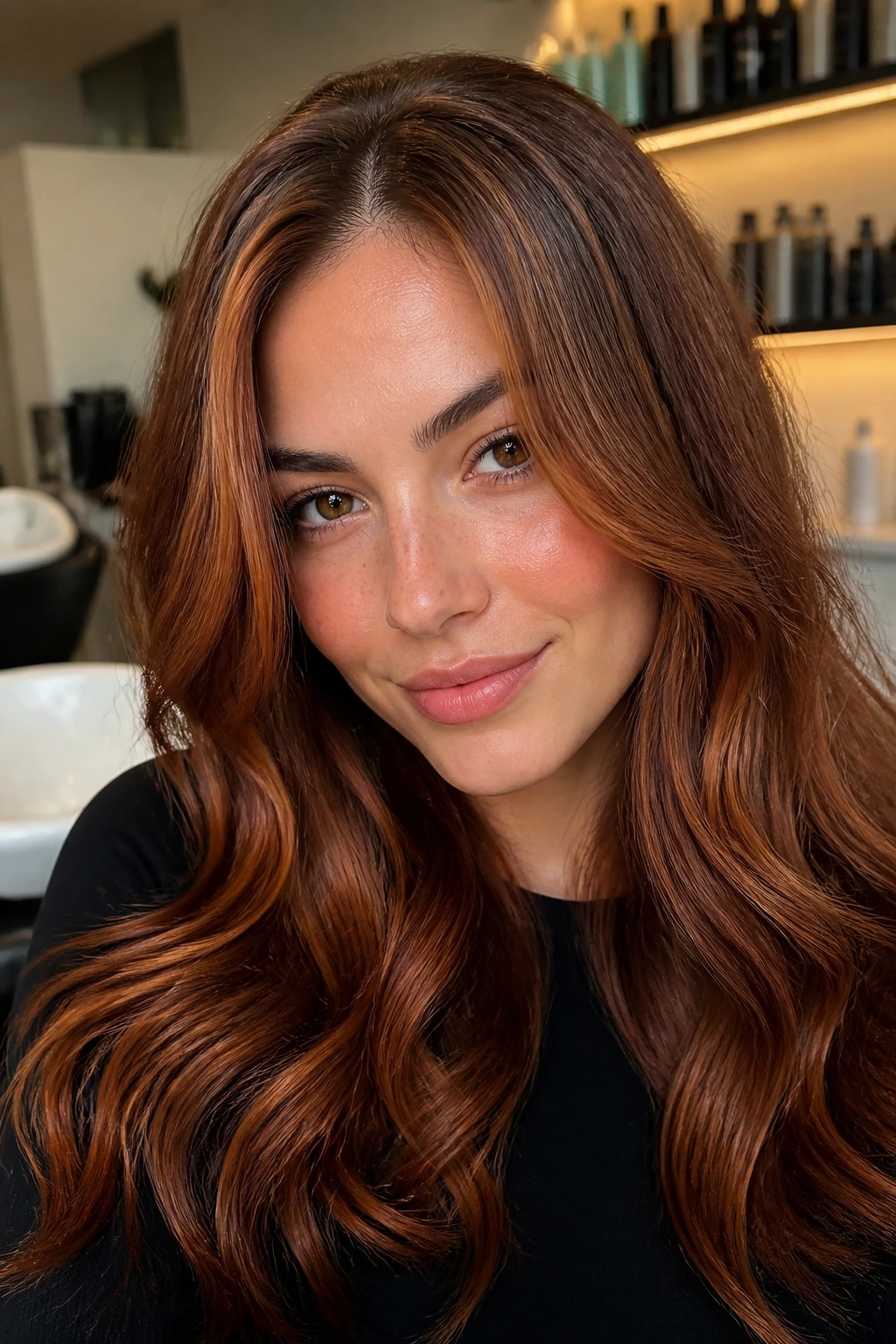 Close-up of a real person with dimensional ginger gloss on brown hair showing copper amber tones