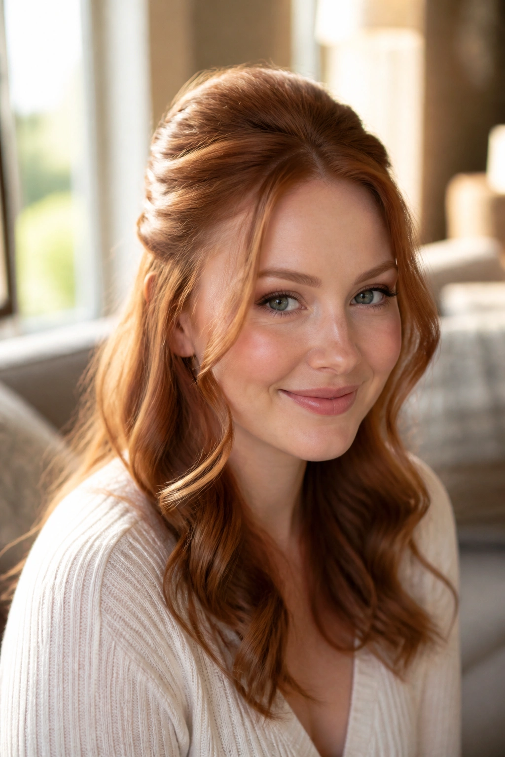 Close-up of a real woman with half-up twist and loose ginger waves by a sunny window