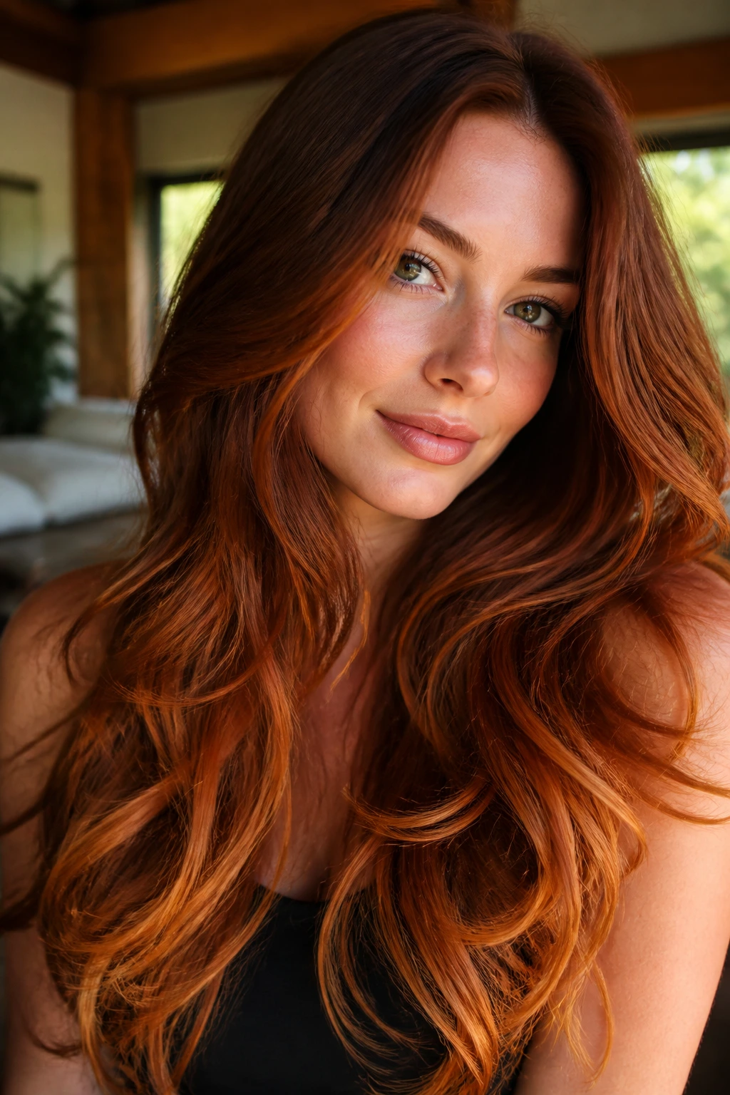 Close-up portrait of a real woman with long ginger hair featuring invisible layers and rich copper tones