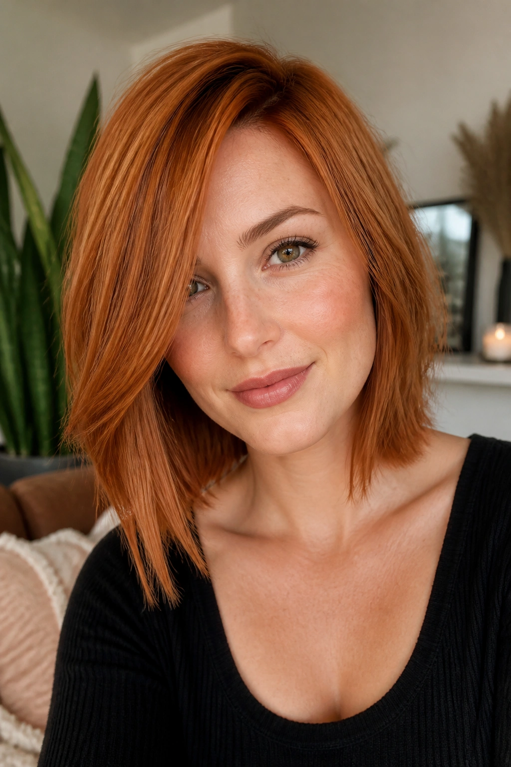 Close-up portrait of a real woman with a side-swept copper lob and ginger tones.