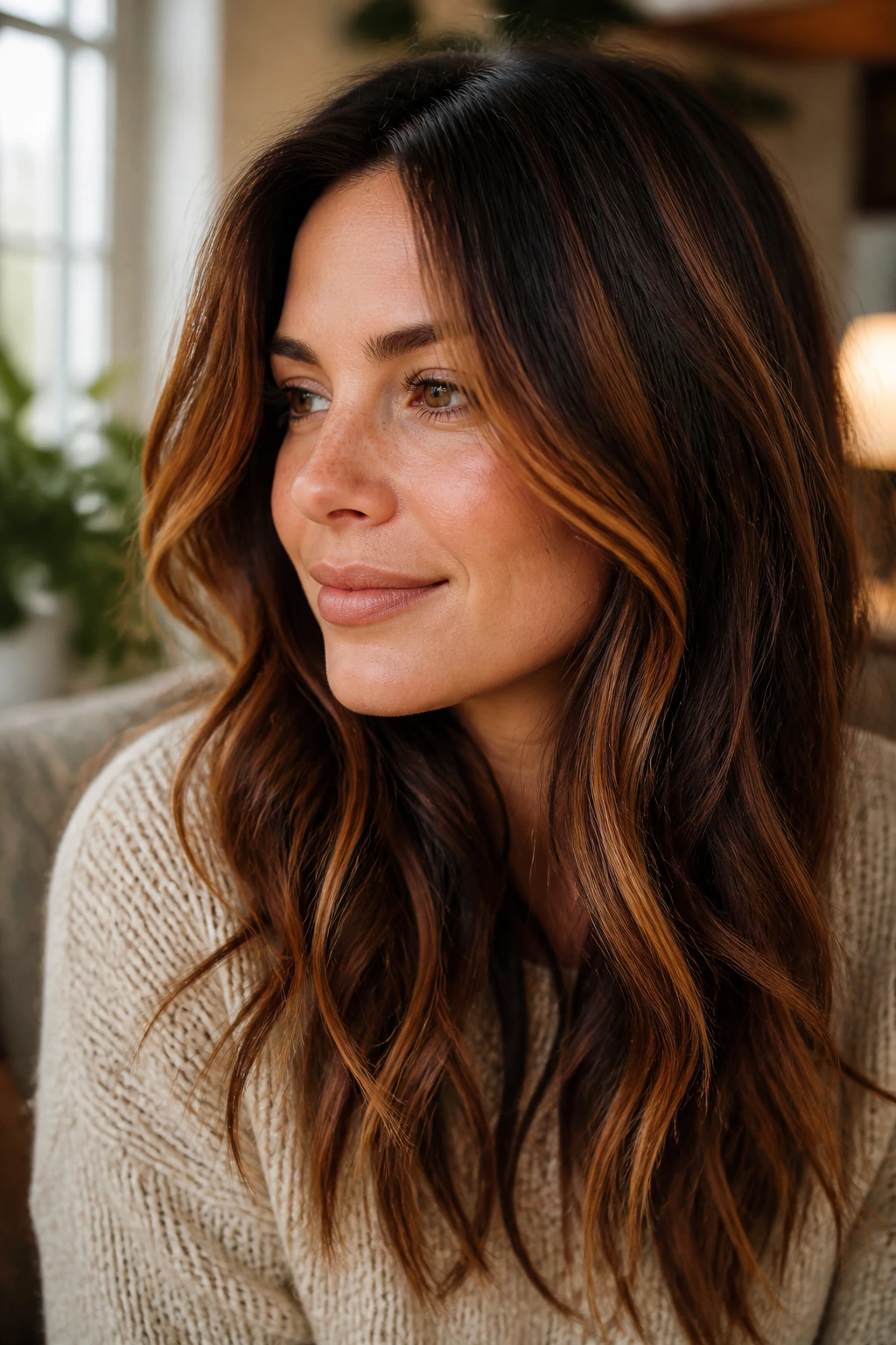 Close-up of a real woman with ginger-spiced highlights on brown hair