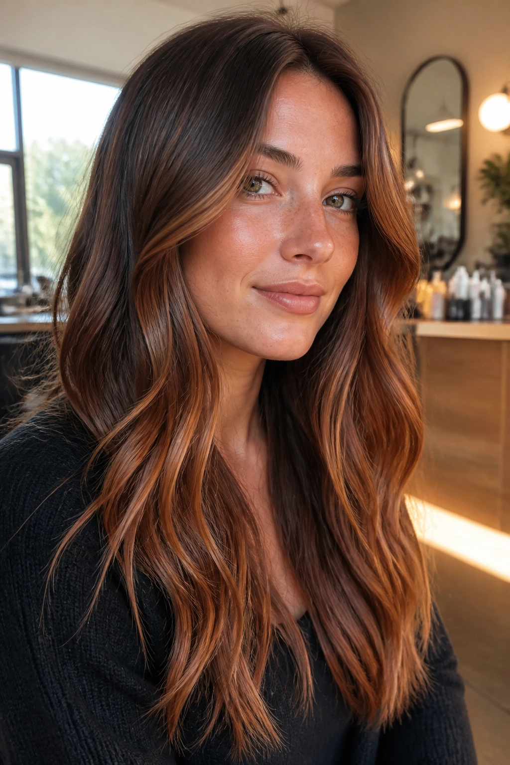 Close-up of a real person with Ginger Latte Brunette featuring subtle ginger ribbons