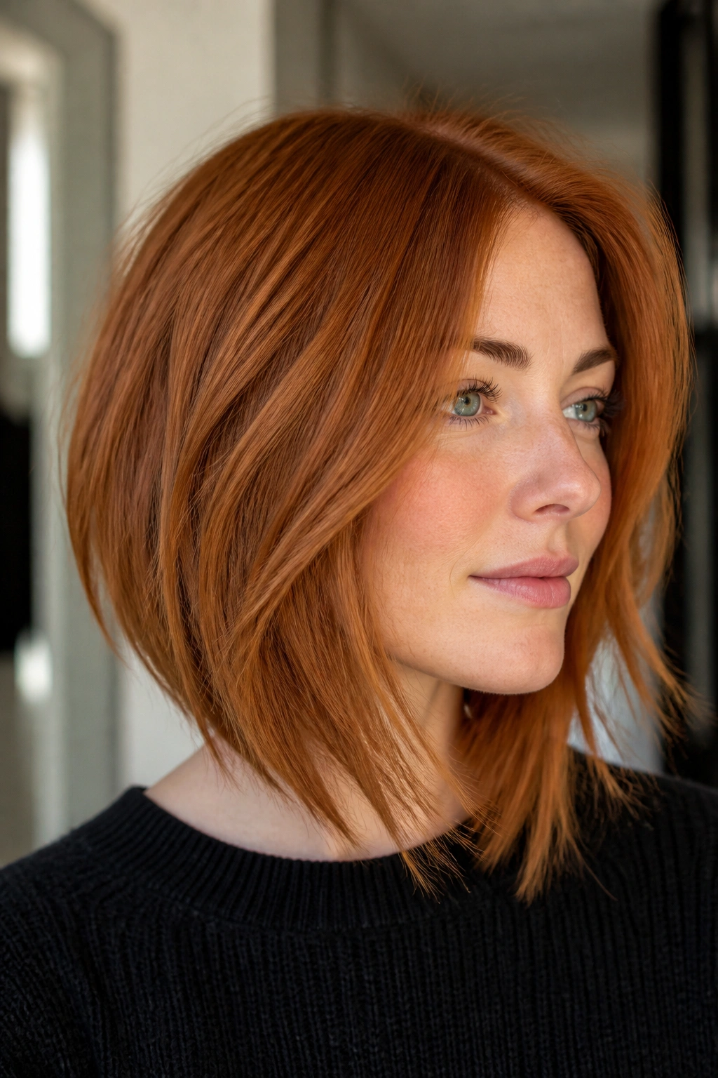 Close-up of a real woman with an angled lob and feathered ends in ginger hair