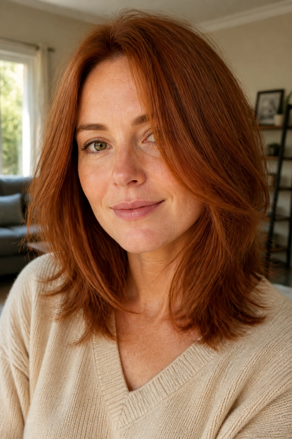 Close-up of a real woman with ginger lob and long layers in natural light