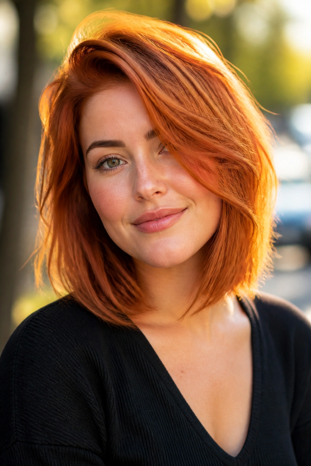 Portrait of a real woman with ginger lob side-swept volume