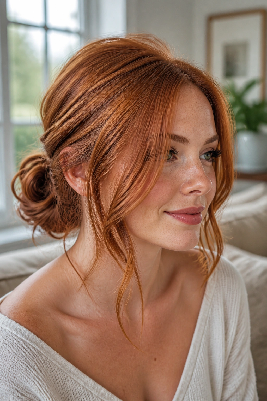 Close-up of a real person with ginger hair in a relaxed low chignon and face-framing pieces.