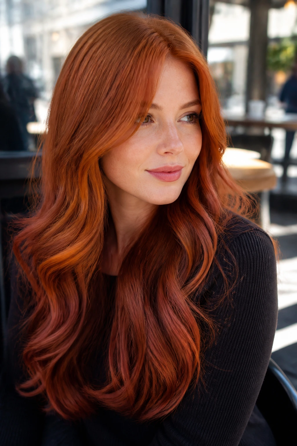 Close-up of a real woman with a soft ginger-mahogany melt hairstyle in a sunny cafe.