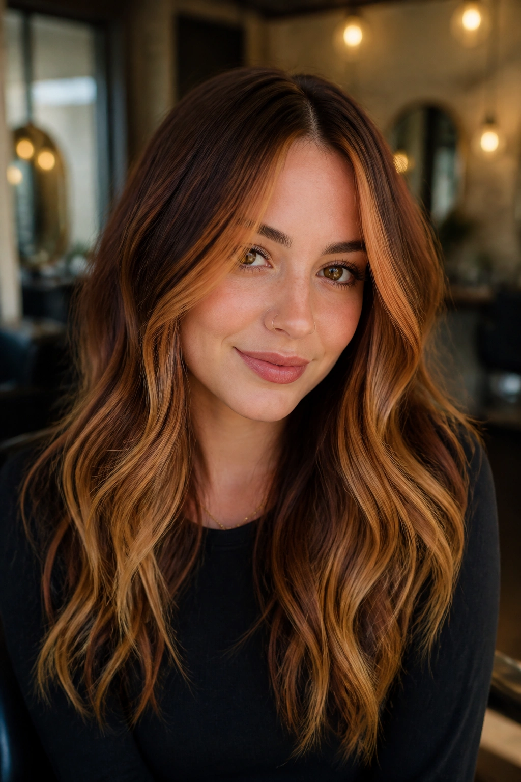 Ginger money piece and dimensional ends on brown hair