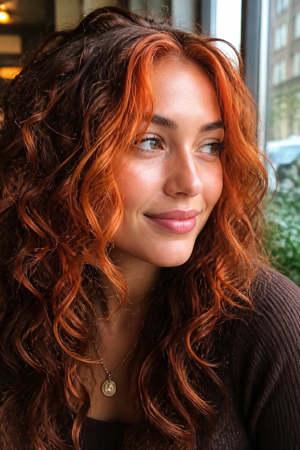 Close-up of a real person with face-framing ginger money pieces on curly hair.
