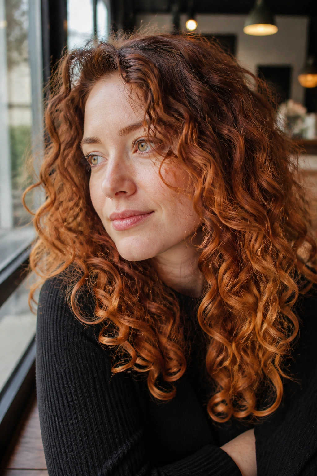 Close-up of a real woman with ginger ombre curls catching gold and copper highlights