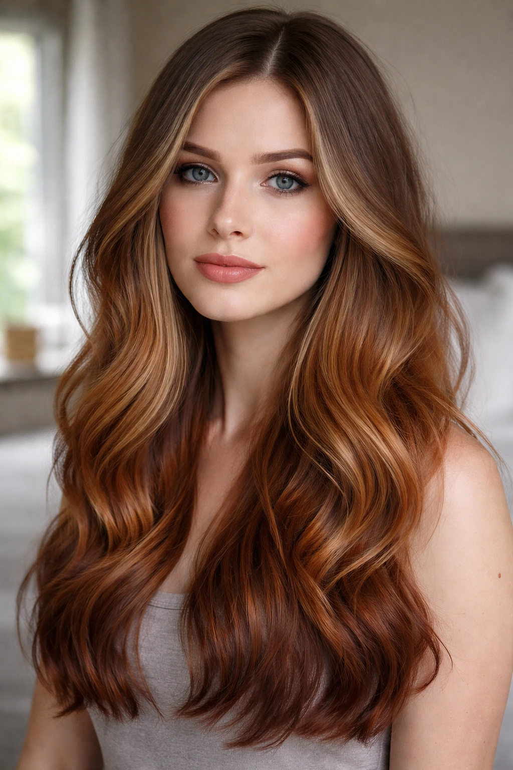 Close-up portrait of a real woman with cool-toned ginger ombré hair in natural window light
