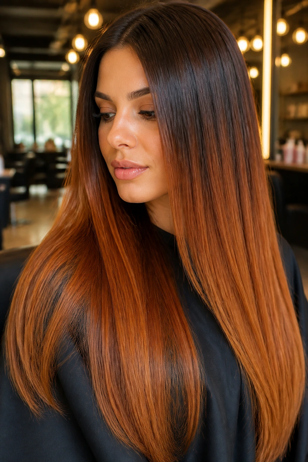 Close-up portrait of a real woman with sleek ginger ombre hair from roots to ends