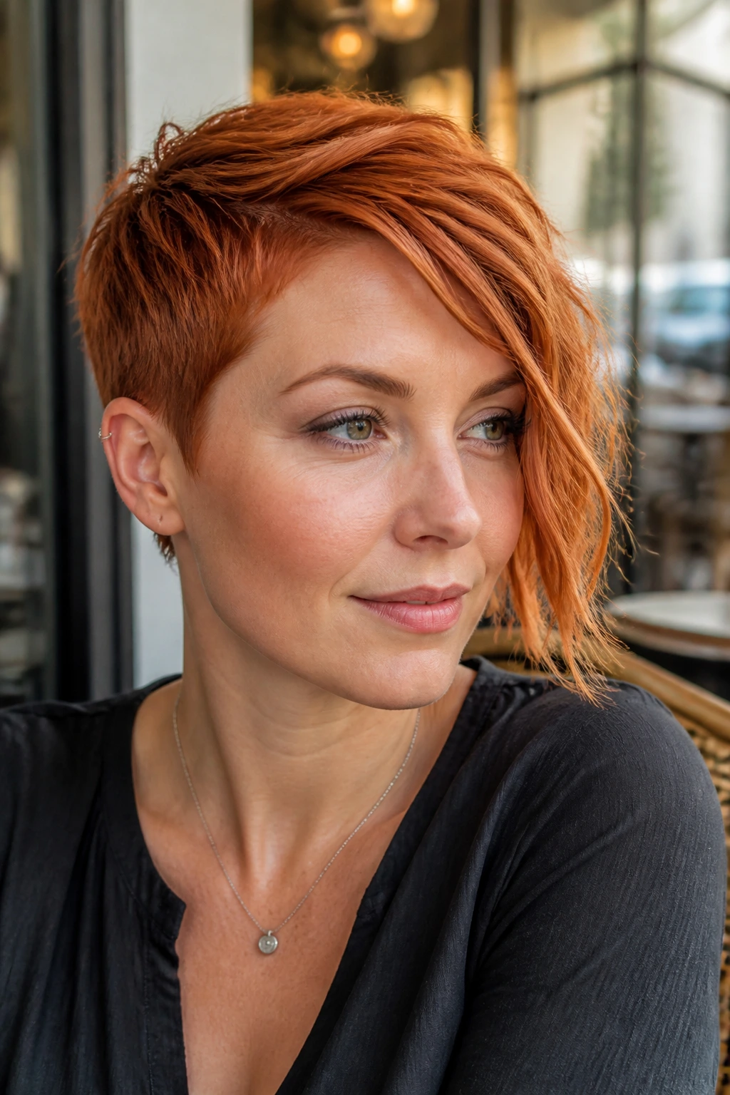 Portrait of real woman with asymmetrical ginger pixie and longer front