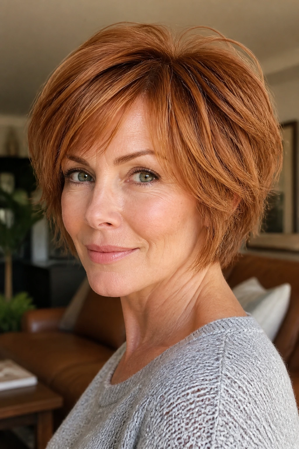 Portrait of real woman with layered pixie-bob in ginger