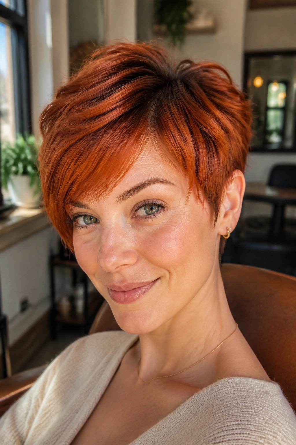 Close-up of a real woman with ginger red pixie and soft root melt, warm salon lighting