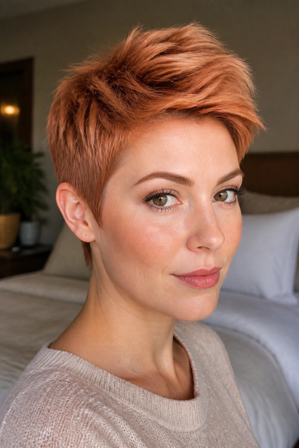 Close-up of a peachy ginger pixie with crown-height lift on a real woman