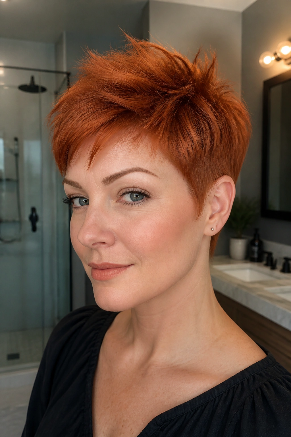Close-up portrait of a real woman with crown-height pixie in ginger shade.