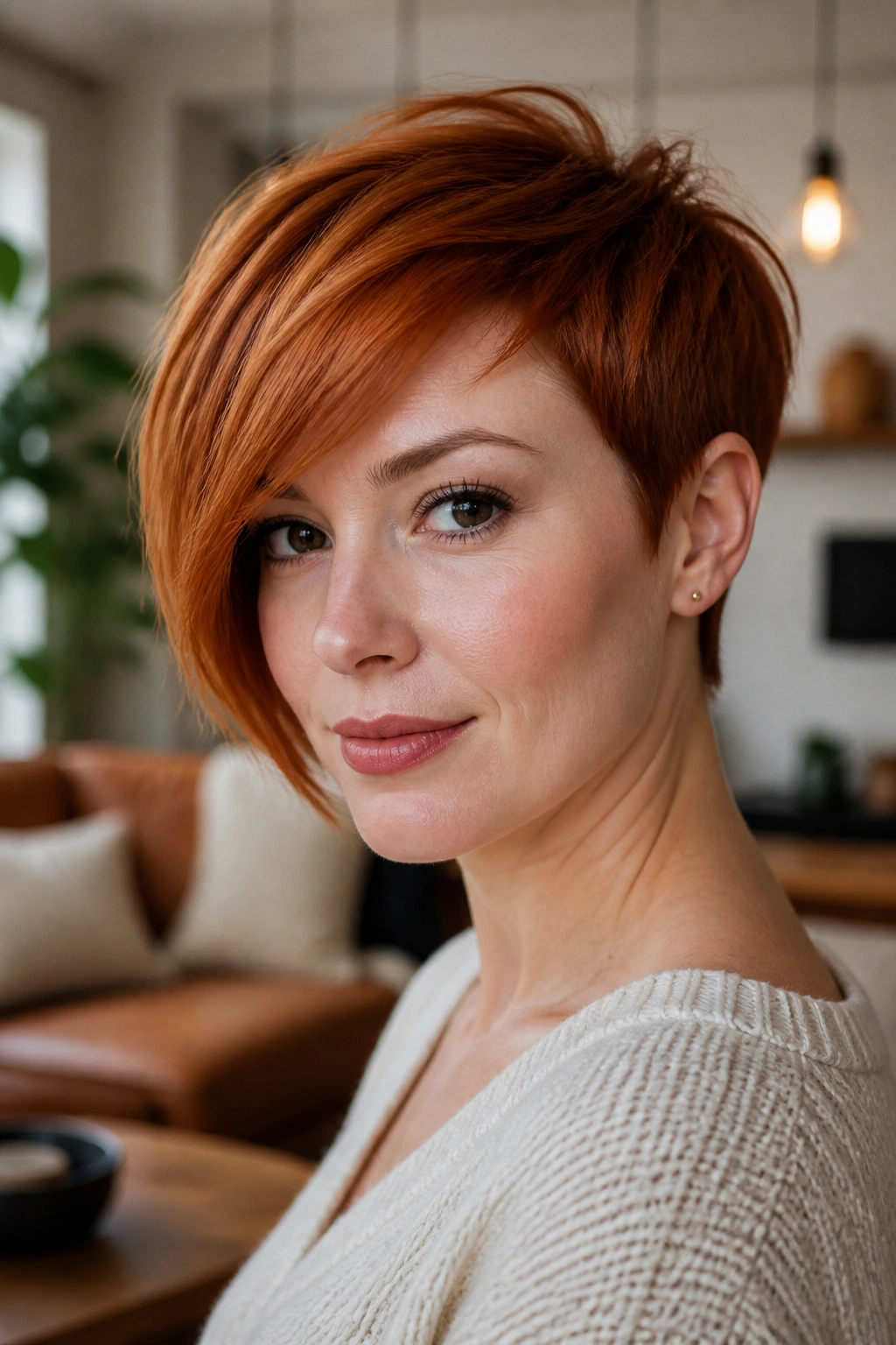 Ginger pixie with a long fringe on a real woman, close-up portrait.