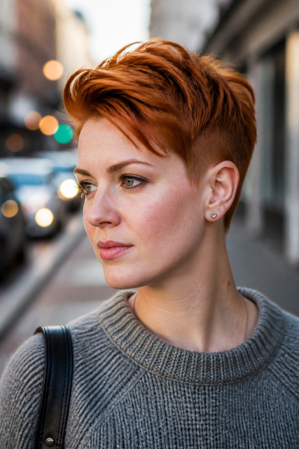 Portrait of a real woman with a tapered pixie and longer top in ginger tones