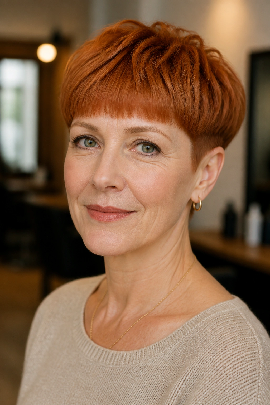 Close-up of a real woman with a ginger bowl-inspired pixie featuring tapered sides.