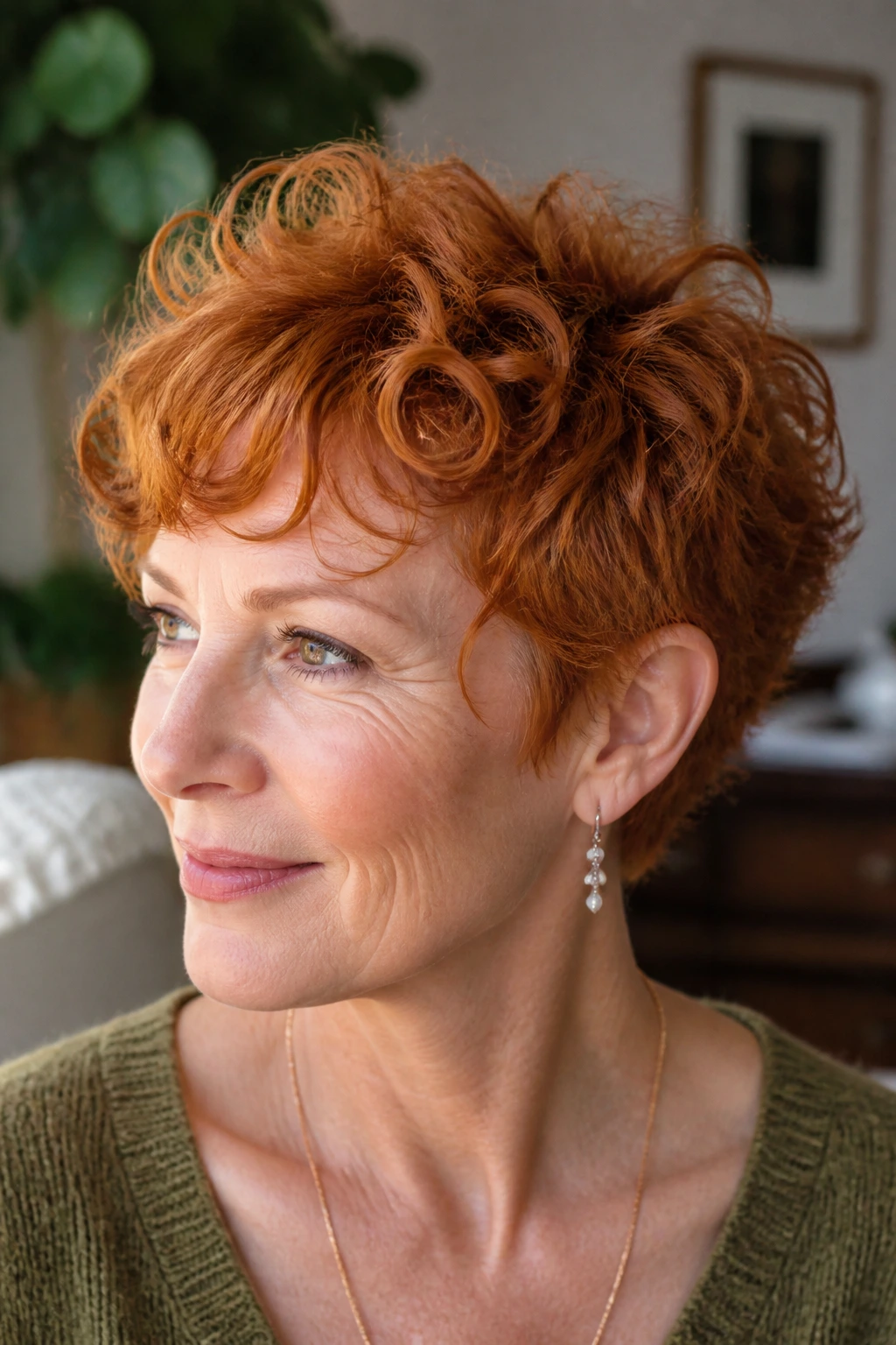 Close-up of real woman with curly ginger pixie for fine, wavy hair