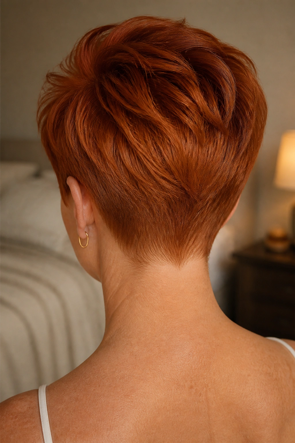 Back-of-head view of a real woman with a ginger red pixie and tight nape under warm ambient light
