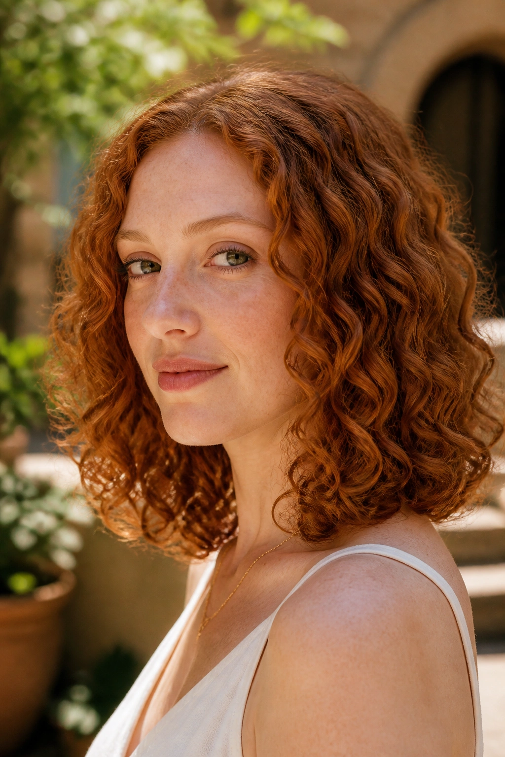 Close-up of a real woman with shoulder-length ginger ringlets starting below the cheekbone