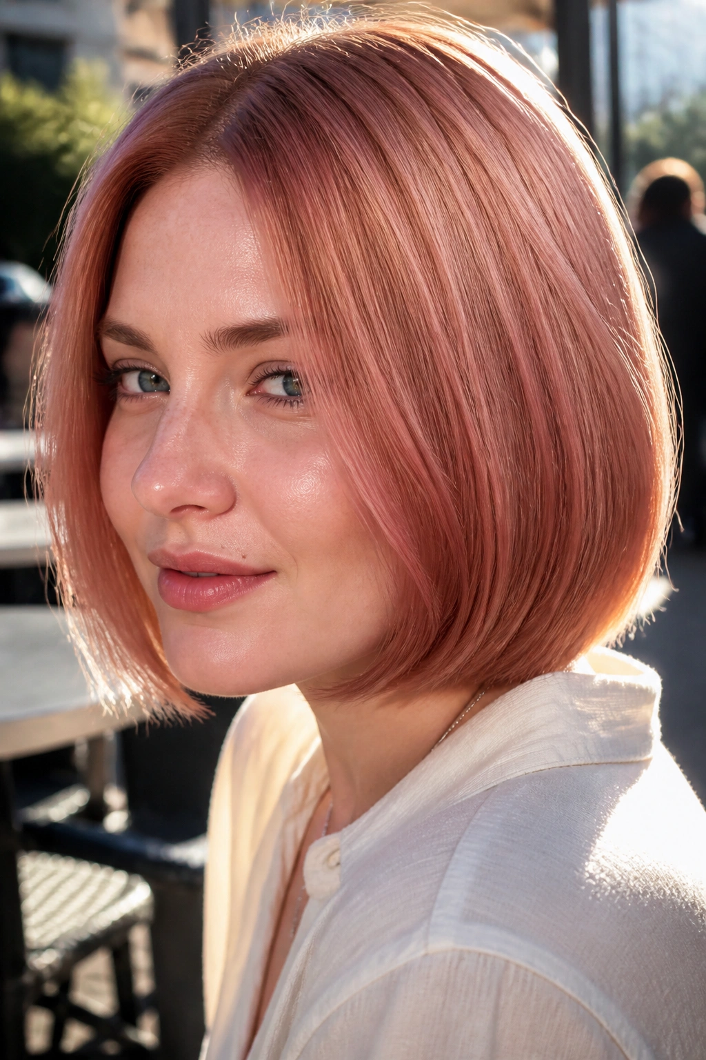 Close-up portrait of a woman with ginger rose gloss hair in sunlight