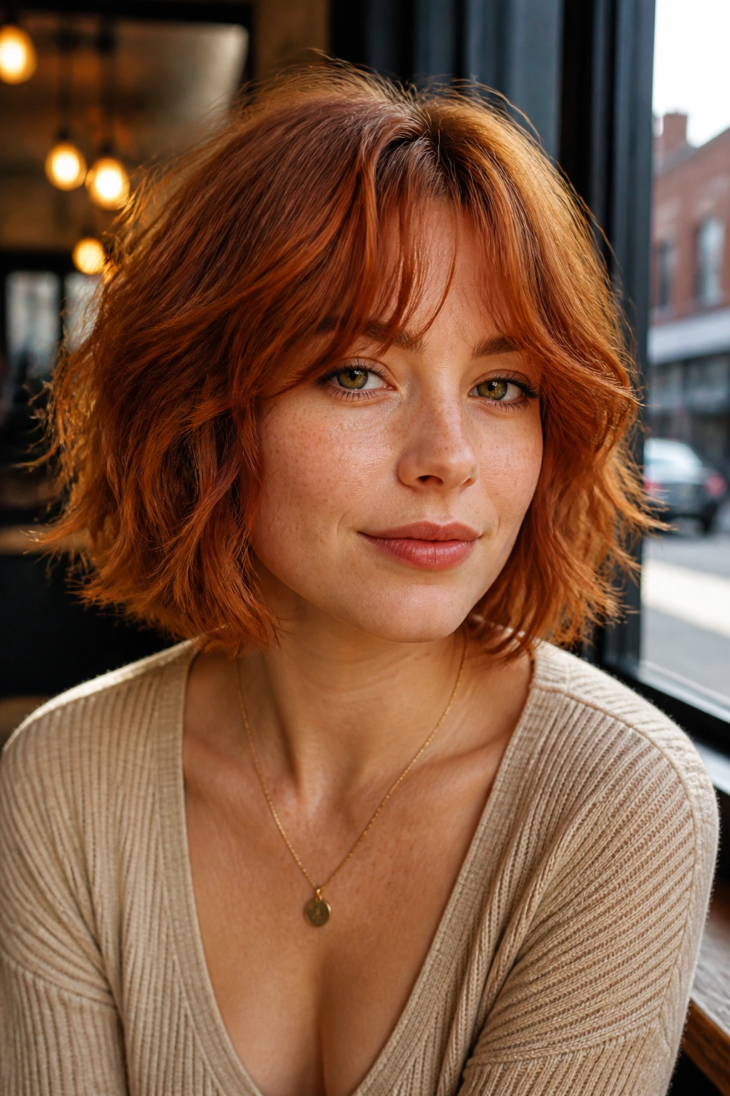 Close-up portrait of a real woman with a ginger shag bob and curtain bangs