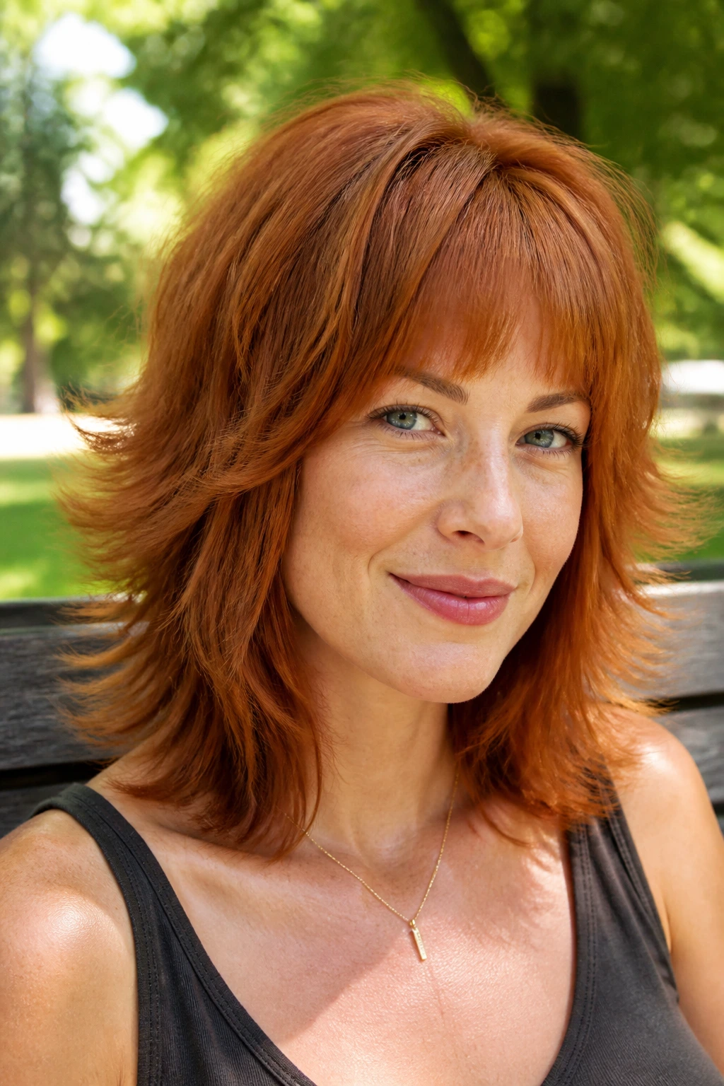 Portrait of a real woman with ginger shag and flipped-out ends in sunny outdoor light